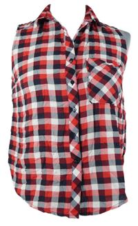 Dámská červeno-černo-bílá kostkovaná halenka bez rukávů Bershka 