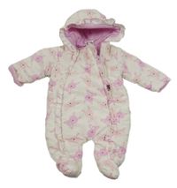 Bílá šusťáková zimní kombinéza s králíčky a kapucí 