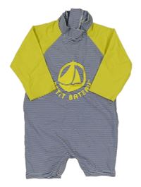 Žluto-modro-bílý pruhovaný UV overal 