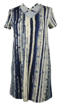 Nové - Tmavomodro-béžová vzorovaná šatová tunika Tu
