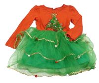 Červeno-zelené bavlněno/tylové šaty s vánočním stromkem 