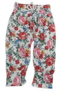 Bílo-barevné květované lehké kalhoty 