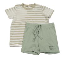 2set - Béžovo-bílé pruhované tričko + zelené žebrované kraťasy s medvědem H&M