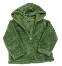 Olivová chlupatá mikina s kapucí 