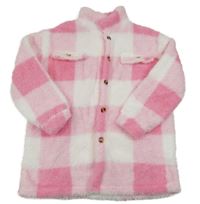Růžovo-bílá kostkovaná chlupatá košilová bunda 
