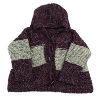 Vínovo-šedý pruhovaný propínací svetr s kapucí 