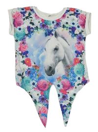 Bílo-modré crop tričko s koníkem a květy a uzlem zn. H&M
