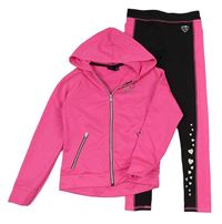 2Set - Křiklavě růžová propínací sportovní mikina se srdíčkem a kapucí + černo-křiklavě růžové legíny se srdíčky BODY GLOVE
