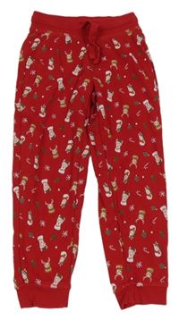 Červené vánoční tepláky se zvířátky a stromečky a lízátky lupilu