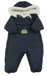 Tmavomodrá prošívaná šusťáková zimní kombinéza s medvídkem a kapsou a kapucí OBaïBi