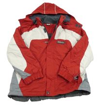 Červeno-šedo-bílá šusťáková zimní lyžařská bunda s nášivkou a odepínací kapucí alive