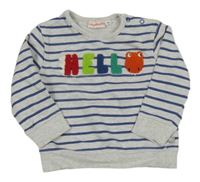 Světlešedo-tmavomodrá pruhovaná melírovaná mikina s nápisem a dinosaurem Liegelind