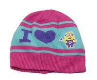 Tmavorůžovo-pomněnková pletená čepice s Mimoněm George 