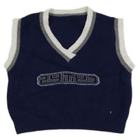 Tmavomodro-šedo-bílá svetrová crop vesta s nápisem 