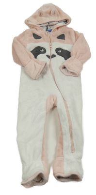 Bílo-světlerůžová plyšová podšitá kombinéza s mývalem a kapucí s oušky lupilu