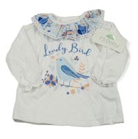 Nové - bílé triko s ptáčkem a nápisem a volánkem FS Baby