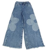 Modré šisované wide leg rifle s květy dopodopo