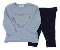 2Set - Modré melírované triko se srdíčkem s nápisem + tmavomodré legíny s krajkou Topomini