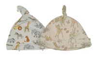 Nové - 2x - Čepice - Bílá se zvířátky, světlepudrová žebrovaná s Bambim George