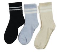 3x - Ponožky s pruhy - Černé, světlemodré/béžové 