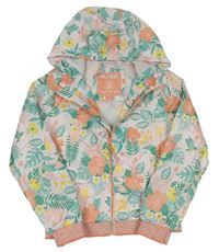 Světlerůžová květovaná šusťáková jarní bunda s listy a kapucí C&A