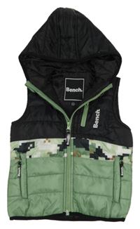 Černo-zeleno-vzorovaná šusťáková zateplená vesta s kapucí Bench