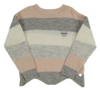 Růžovo-šedo-bílý pruhovaný svetr s výšivkou Angel&Rocket