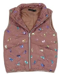 Starorůžová šusťáková zateplená vesta s jednorožci Name it