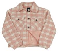 Růžovo-bílá kostkovaná huňatá podšitá košilová bunda Name it