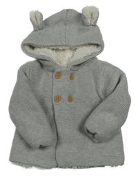 Šedý melírovaný zateplený propínací svetr s kapucí s oušky V by Very