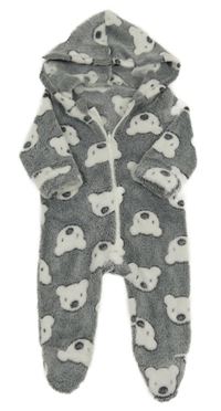 Tmavošedá chlupatá kombinéza s medvědy a kapucí