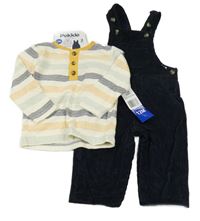 Nové - 2set - Tmavomodré manšestrové laclové kalhoty + smetanovo-barevné pruhované triko s knoflíky Pekkle