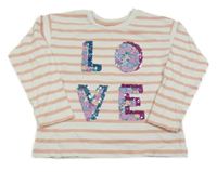 Bílo-starorůžové pruhované triko s nápisem s květy a flitry Nutmeg