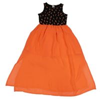 Černo-neonově oranžové bavlněno/šifonové šaty s plameňáky C&A