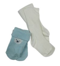 2x ponožky - smetanové žebrované + světlemodré s medvědem