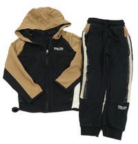 2set - Černo-hnědo-béžová propínací mikina s nápisem a kapucí + tepláky George