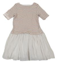 Bílo-bronzové teplákovo/tylové šaty s pruhy Petit Bateau