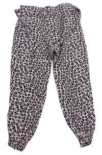 Světlerůžovo-černo-růžové lehké volné kalhoty s leopardím vzorem a páskem Primark