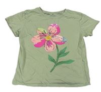 Světlezelené tričko s květinou z flitrů H&M