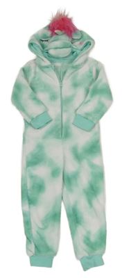 Zeleno-bílá vzorovaná plyšová kombinéza s kapucí - jednorožec 