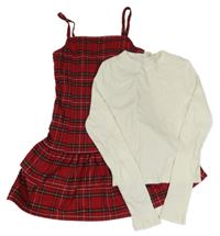 2 set - smetanové žebrované crop triko + červeno-černé kostkované šaty H&M