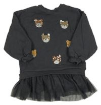 Tmavošedé teplákové šaty s medvědy z flitrů a tylem Next