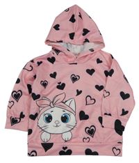 Růžová lehká mikina s černými srdíčky a kočkou a kapucí 