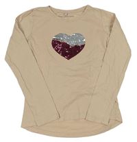 Béžové triko se srdcem z překlápěcích flitrů Pocopiano