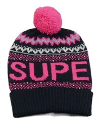 Tmavomodro-neonově růžová vzorovaná čepice s bambulí Superdry