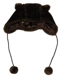 Hnědá kožešinová čepice s oušky a bambulemi 