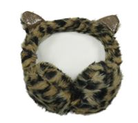 Béžovo-černé kožešinové klapky na uši s oušky a leopardím vzorem 