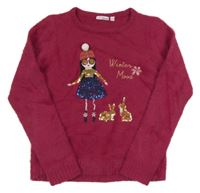 Vínový chlupatý svetr s dívkou a králíky