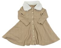 Béžové vzorované šaty s límečkem s kožešinou 