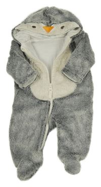 Šedo-smetanová plyšová podšitá kombinéza s kapucí - tučňák Nutmeg